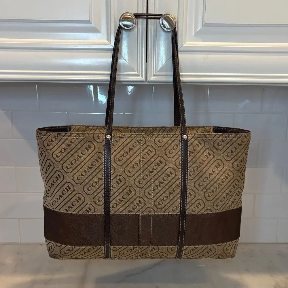 Coach Bag Purse Handbag Signature Lozenge Logo Canvas Shoulder Tote Bag Brown